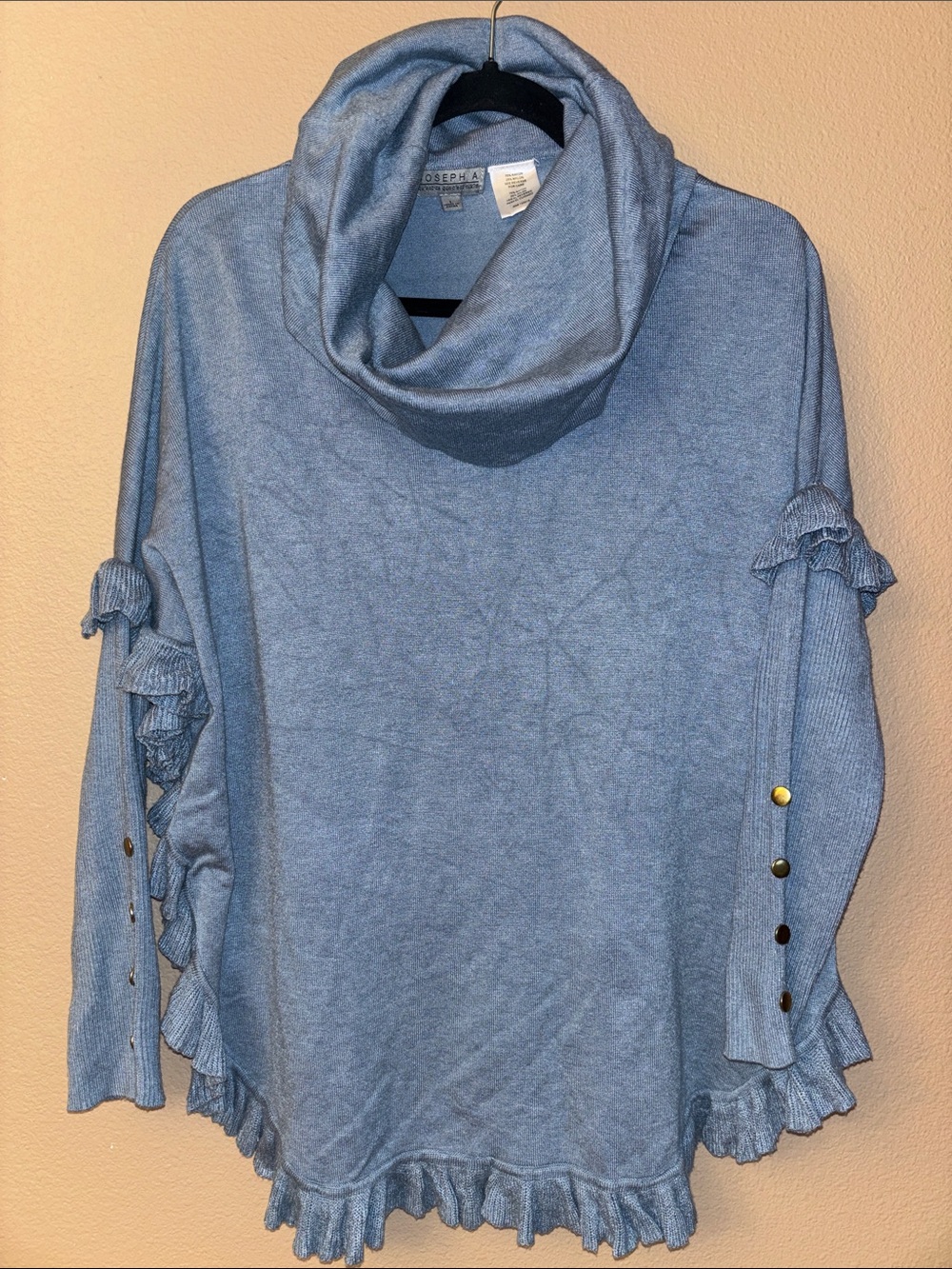 Joseph A Light Blue Ruffle Cowl Neck Poncho Sweater LARGE Gold Buttons